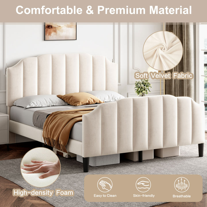 4ft6 Double Upholstered Bed Frame With Adjustable Chic Channel-Tufted Headboard, Velvet Platform Bed Frame With Solid Wood Slat And Mute Foam, No Box Spring Needed, Easy Assembly, Beige No Mattress