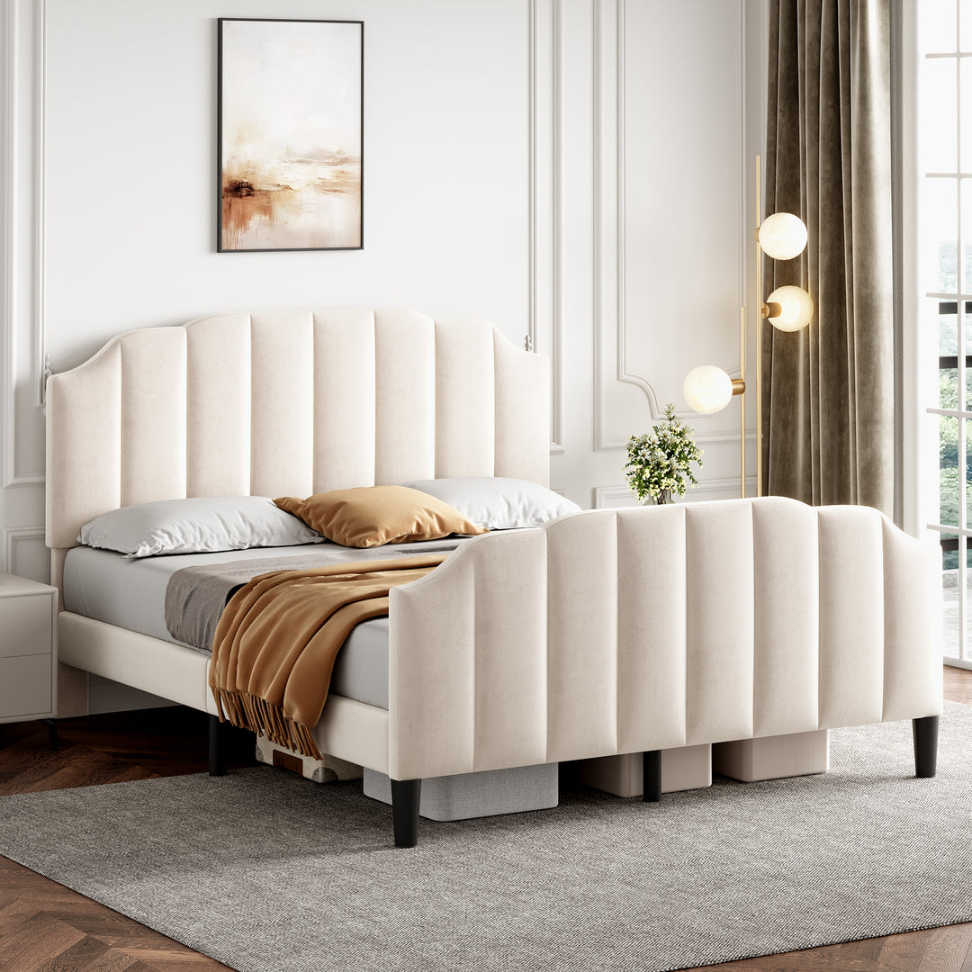 4ft6 Double Upholstered Bed Frame With Adjustable Chic Channel-Tufted Headboard, Velvet Platform Bed Frame With Solid Wood Slat And Mute Foam, No Box Spring Needed, Easy Assembly, Beige No Mattress