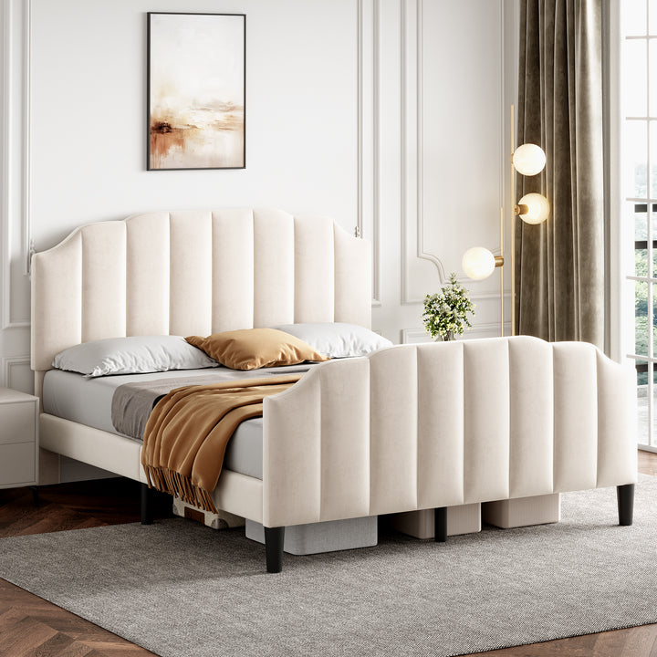 4ft6 Double Upholstered Bed Frame With Adjustable Chic Channel-Tufted Headboard, Velvet Platform Bed Frame With Solid Wood Slat And Mute Foam, No Box Spring Needed, Easy Assembly, Beige No Mattress