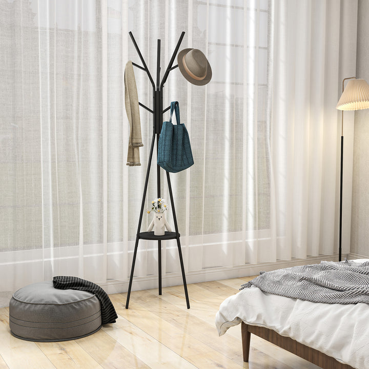 Freestanding Metal Coat Rack Stand 9 Hooks Clothes Tree With 1 Shelf Hat Display Hall Tree Hanger Bag Umbrella Hanging Organiser Black