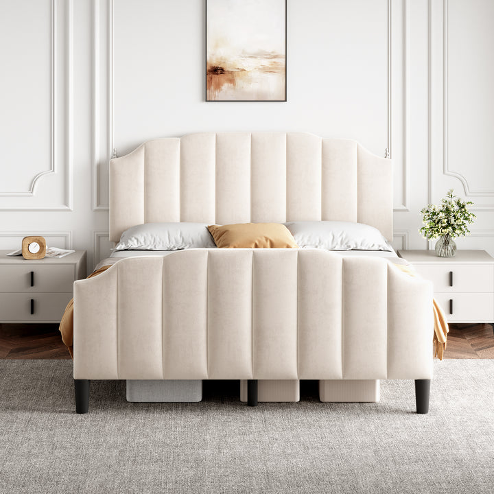 4ft6 Double Upholstered Bed Frame With Adjustable Chic Channel-Tufted Headboard, Velvet Platform Bed Frame With Solid Wood Slat And Mute Foam, No Box Spring Needed, Easy Assembly, Beige No Mattress