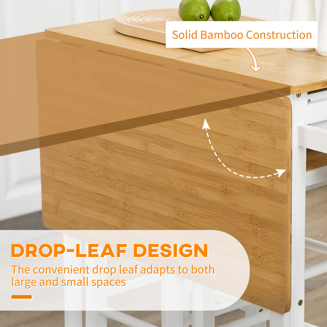 Kitchen Island Set With 2 Stools, Bamboo Breakfast Cart With Drop Leaf Top, Drawers And Towel Rack, Rolling Kitchen Cart And Chairs Set, White