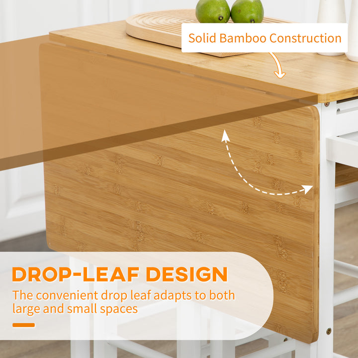 Kitchen Island Set With 2 Stools, Bamboo Breakfast Cart With Drop Leaf Top, Drawers And Towel Rack, Rolling Kitchen Cart And Chairs Set, White